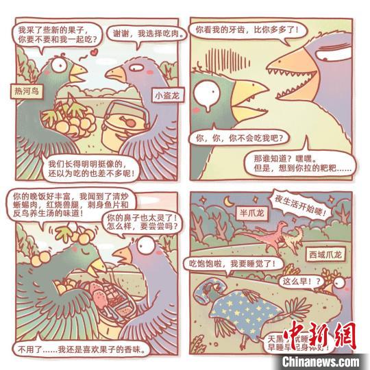 根據(jù)此次熱河鳥研究成果繪制的漫畫(燁子/繪)。　中科院古脊椎所 供圖