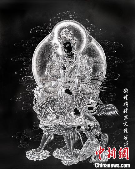 圖為朱增平創(chuàng)作的鍥金畫《敦煌榆林窟文殊菩薩》。(資料圖) 受訪者供圖