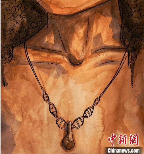 墜飾藝術(shù)再現(xiàn)圖，圖中吊墜繩為DNA螺旋樣式(圖片作者Myrthe Lucas)?！∈┢樟指瘛ぷ匀?供圖