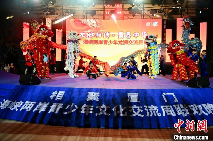 聯(lián)歡晚會(huì)上，兩岸青少年同臺(tái)呈現(xiàn)龍獅表演?！⊥鯑|明 攝