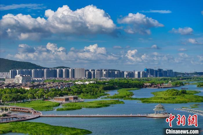 資料圖：航拍蘇州太湖湖濱國家濕地公園，藍天碧水生態(tài)美。 泱波 攝