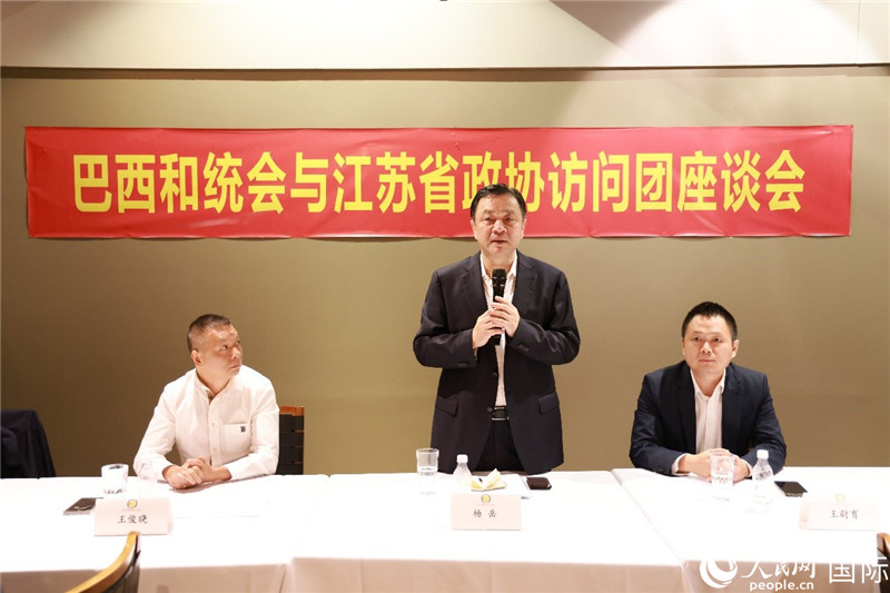 江蘇省政協(xié)副主席楊岳（中）在座談會上致辭。人民網記者 陳海琪攝