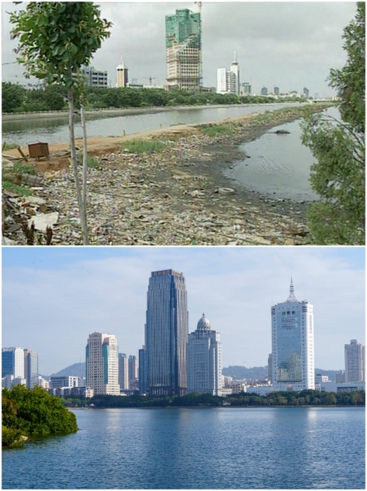 上圖：筼筜湖治理前資料圖。下圖：筼筜湖如今的美麗風光。人民網記者 吳超嵐攝