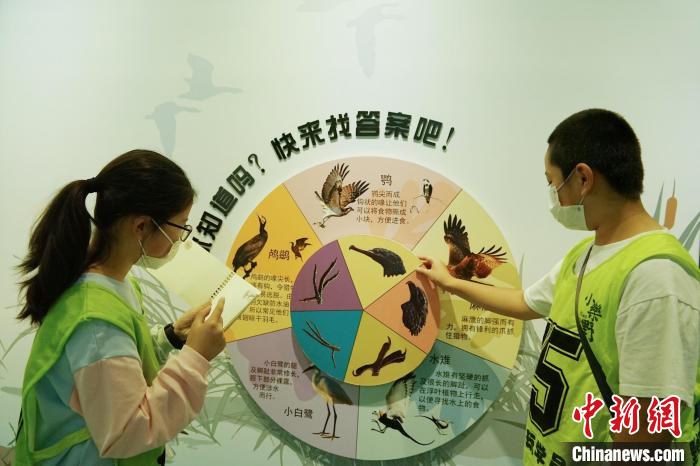 圖為小朋友在青海西寧湟水國家濕地公園科普館內參觀學習?！●R銘言 攝