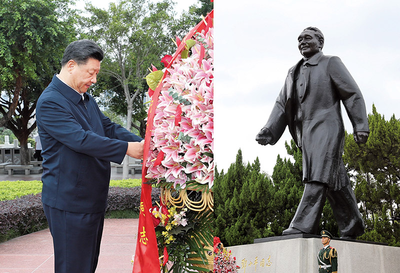 2020年10月14日，習(xí)近平總書記向深圳蓮花山公園鄧小平同志銅像敬獻(xiàn)花籃。