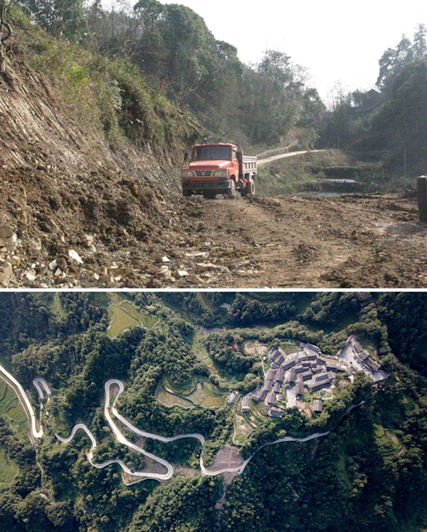 拼版照片：上圖為2011年12月拍攝的湖南省湘西土家族苗族自治州花垣縣十八洞村進(jìn)村道路；下圖為2019年9月拍攝的十八洞村及進(jìn)村道路。
