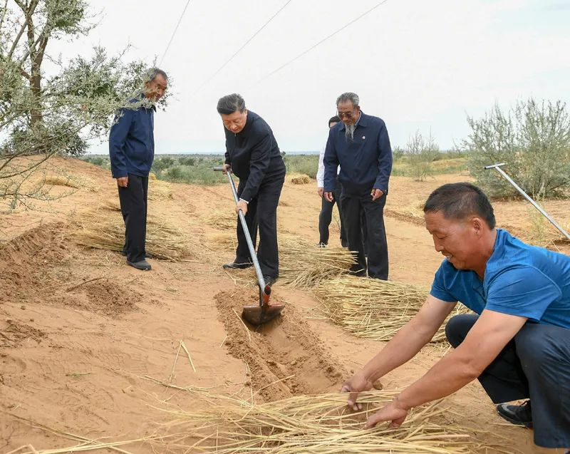 2019年8月21日，習(xí)近平來到甘肅省武威市古浪縣八步沙林場，實(shí)地察看當(dāng)?shù)刂紊吃炝?、生態(tài)保護(hù)等情況。新華社記者 謝環(huán)馳 攝