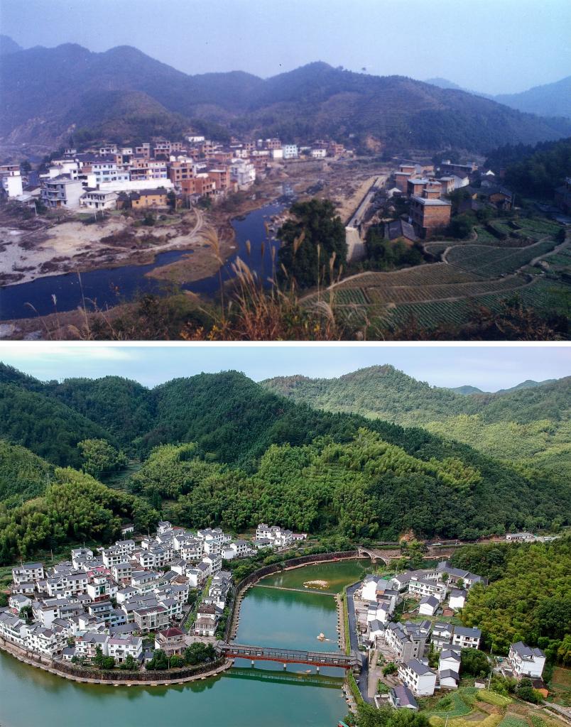 圖為浙江省杭州市淳安縣楓樹(shù)嶺鎮(zhèn)下姜村拼版圖，其中上圖為資料照片、下圖由新華社記者張鋮攝。