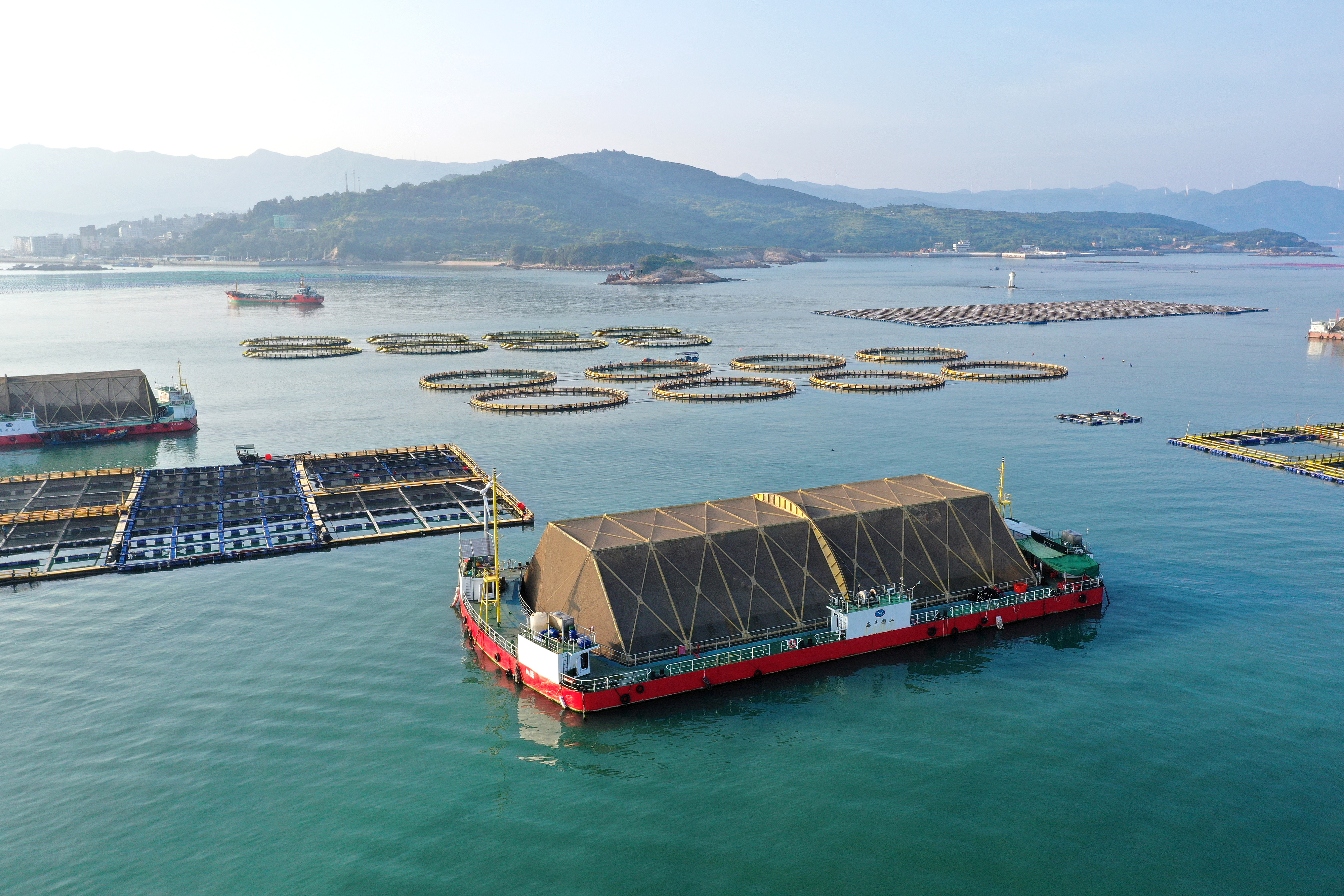 2024年9月10日拍攝的福建省福州市連江縣定海灣海域的現(xiàn)代化“海上糧倉(cāng)”。
