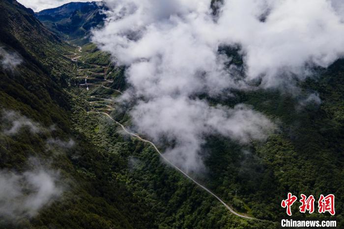 西藏山南勒布溝景區(qū)的盤山公路被云霧環(huán)繞。　江飛波 攝