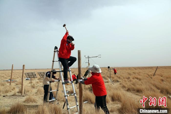 格爾木濕地站建設(shè)過程中，第二次青藏科考中科院空天院分隊(duì)隊(duì)員揮錘安裝防護(hù)欄?！?lt;a target='_blank' href='/'><p  align=