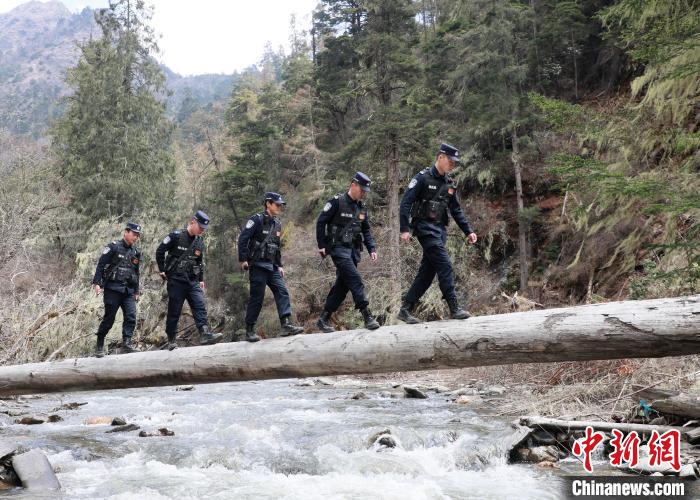 山南邊境管理支隊玉麥邊境派出所民警邊境巡邏途中走過河道上“獨木橋”。　鄭琦山 攝