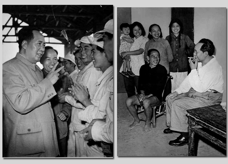 左圖：1959年，毛主席在安徽視察工廠時，同煉鋼工人親切談話。右圖：1959年，毛主席在湖南視察韶山，同貧農(nóng)社員親切談話。
